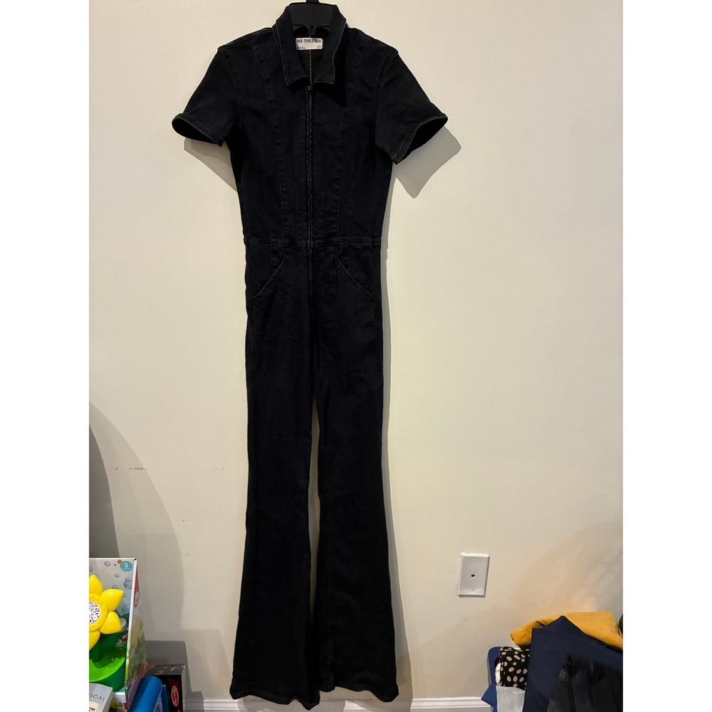 We The Free Free People Black Denim Flare Jumpsuit Short Sleeve Zip Front XS